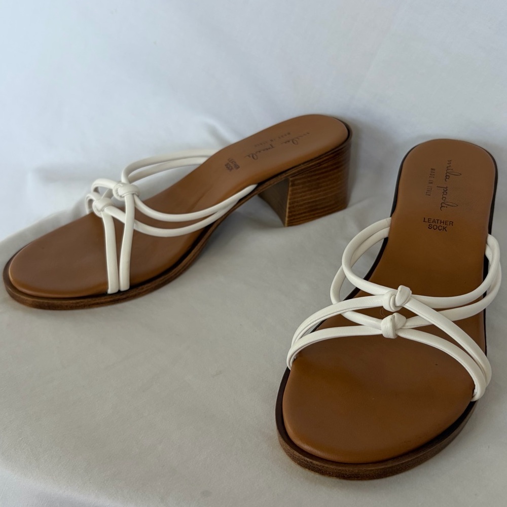 Mila Paoli White Sandals Heels Genuine Italian Leather 8.5 40 Block Heel